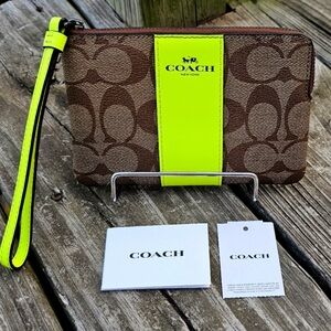 NWT Coach neon green signature wristlet